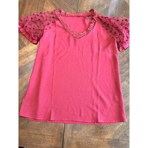 Shein Womens Size Large Sheer Polka Dot Short Sleeve Red Blouse